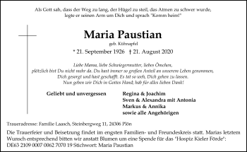 Traueranzeige von Maria Paustian von Kieler Nachrichten