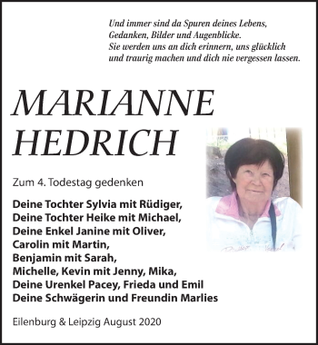 Traueranzeige von Marianne Hedrich von Leipziger Volkszeitung