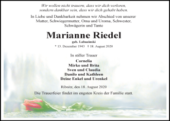 Traueranzeige von Marianne Riedel von Ostsee-Zeitung GmbH