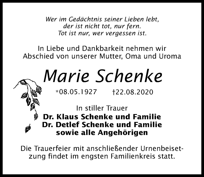  Traueranzeige für Marie Schenke vom 29.08.2020 aus Märkischen Allgemeine Zeitung