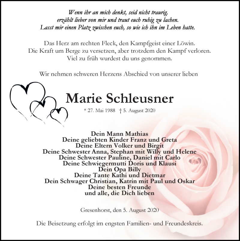  Traueranzeige für Marie Schleusner vom 12.08.2020 aus Ostsee-Zeitung GmbH