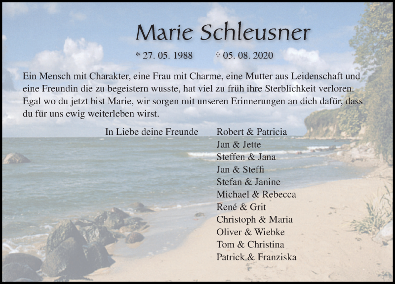  Traueranzeige für Marie Schleusner vom 15.08.2020 aus Ostsee-Zeitung GmbH