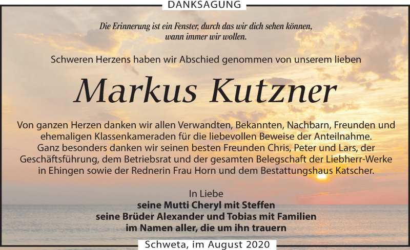  Traueranzeige für Markus Kutzner vom 22.08.2020 aus Leipziger Volkszeitung