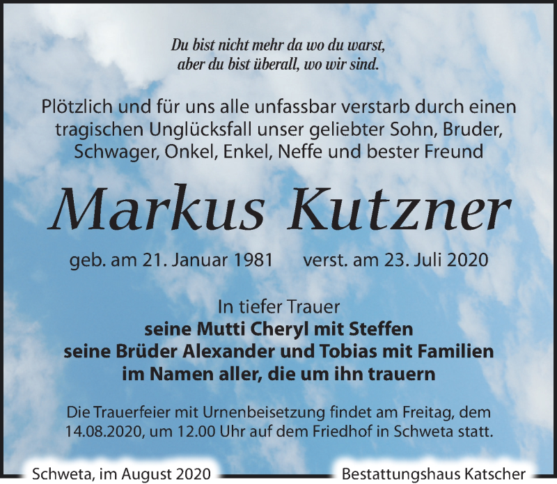 Traueranzeige für Markus Kutzner vom 01.08.2020 aus Leipziger Volkszeitung