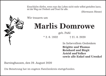 Traueranzeige von Marlis Domrowe von Hannoversche Allgemeine Zeitung/Neue Presse