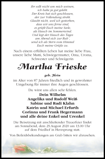 Traueranzeige von Martha Frieske von Märkischen Allgemeine Zeitung