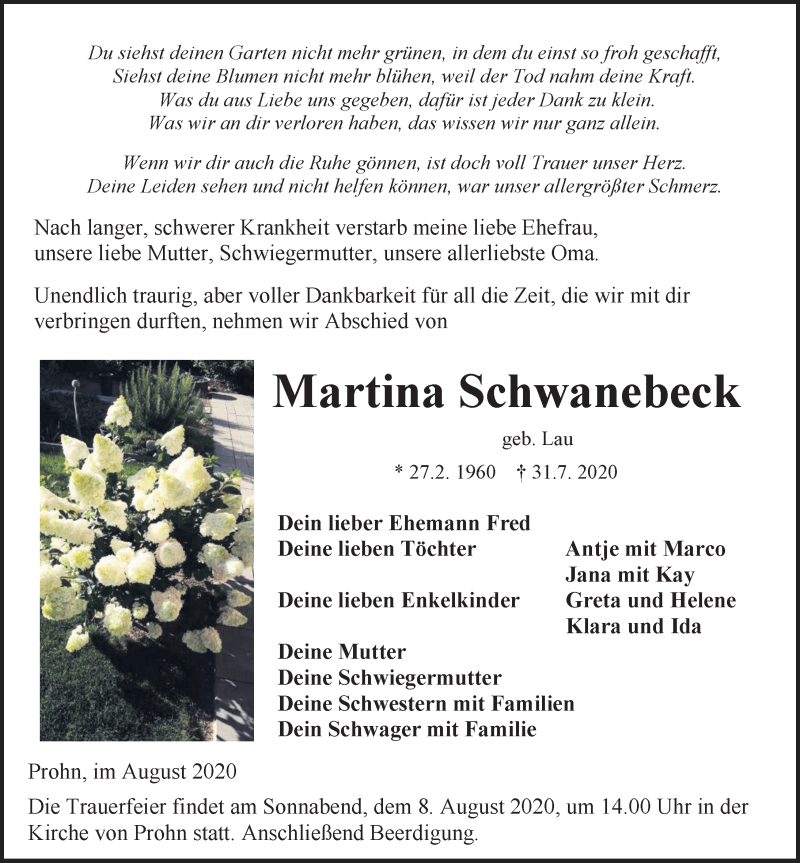  Traueranzeige für Martina Schwanebeck vom 04.08.2020 aus Ostsee-Zeitung GmbH