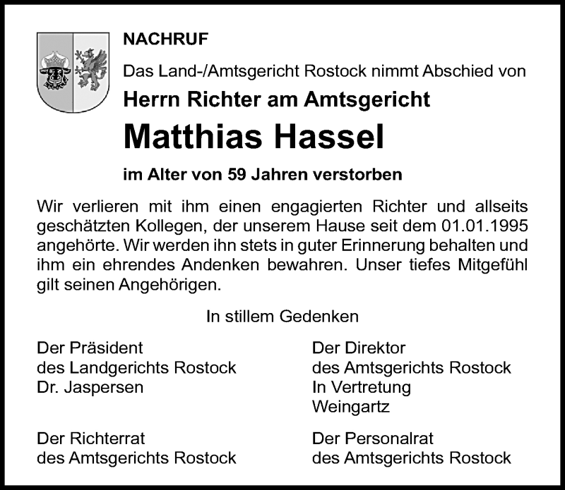  Traueranzeige für Matthias Hassel vom 15.08.2020 aus Ostsee-Zeitung GmbH