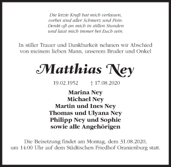 Traueranzeige von Matthias Ney von Märkischen Allgemeine Zeitung