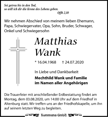 Traueranzeige von Matthias Wank von Leipziger Volkszeitung