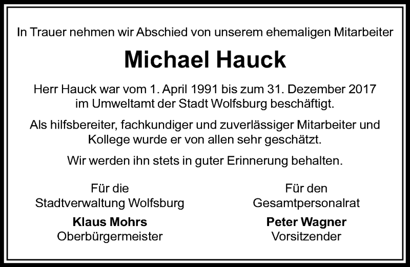  Traueranzeige für Michael Hauck vom 22.08.2020 aus Aller Zeitung