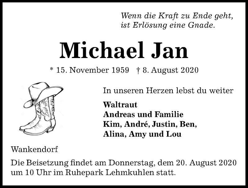  Traueranzeige für Michael Jan vom 15.08.2020 aus Kieler Nachrichten