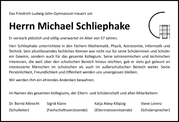 Traueranzeige von Michael Schliephake von Ostsee-Zeitung GmbH