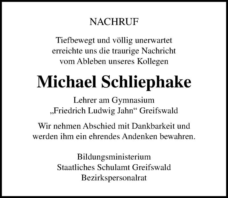  Traueranzeige für Michael Schliephake vom 29.08.2020 aus Ostsee-Zeitung GmbH