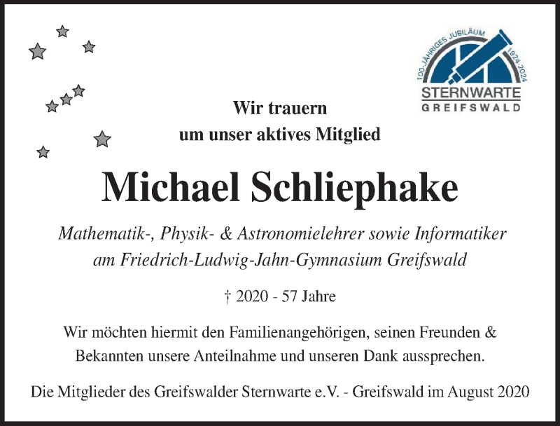  Traueranzeige für Michael Schliephake vom 22.08.2020 aus Ostsee-Zeitung GmbH
