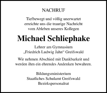 Traueranzeige von Michael Schliephake von Ostsee-Zeitung GmbH