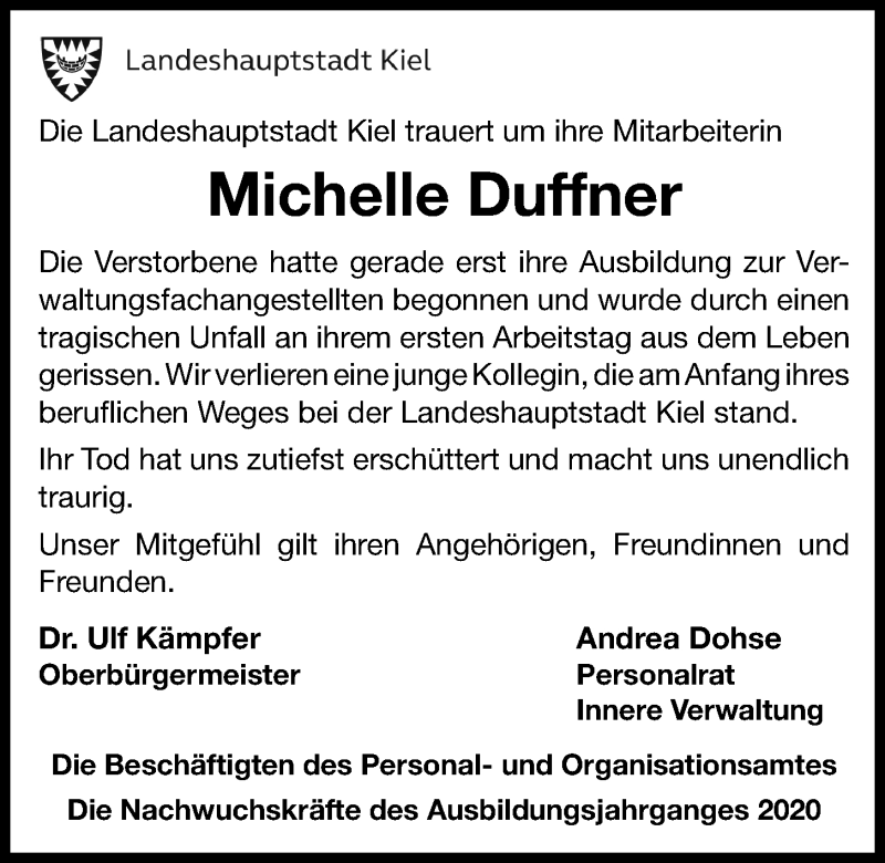  Traueranzeige für Michelle Duffner vom 08.08.2020 aus Kieler Nachrichten
