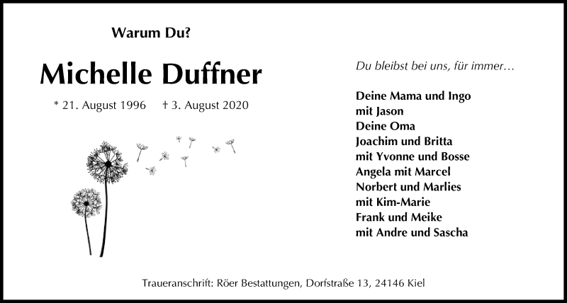  Traueranzeige für Michelle Duffner vom 08.08.2020 aus Kieler Nachrichten