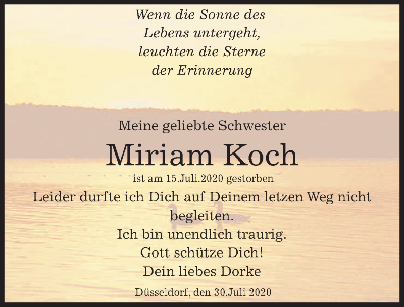  Traueranzeige für Miriam Koch vom 01.08.2020 aus Eichsfelder Tageblatt