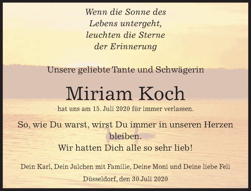  Traueranzeige für Miriam Koch vom 01.08.2020 aus Eichsfelder Tageblatt