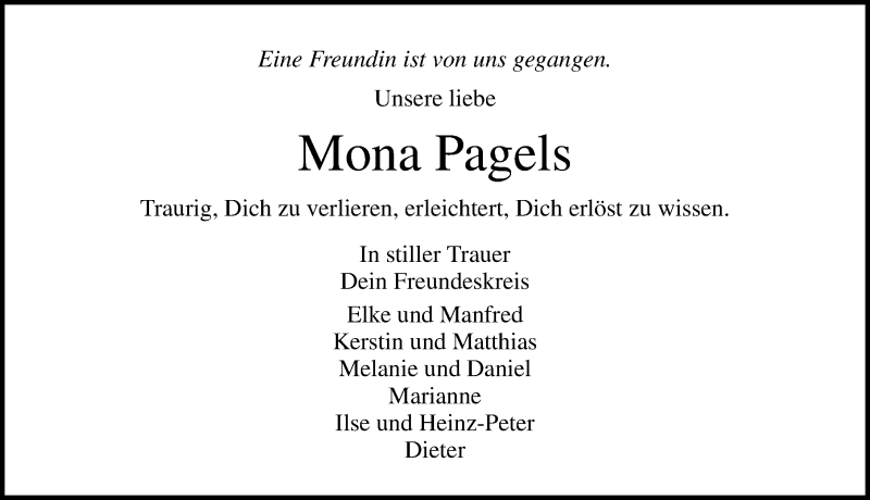  Traueranzeige für Mona Pagels vom 23.08.2020 aus Lübecker Nachrichten