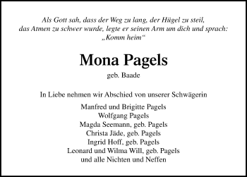 Traueranzeige von Mona Pagels von Lübecker Nachrichten