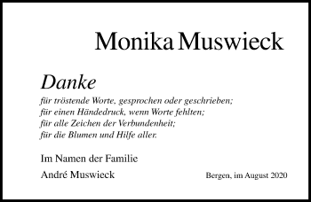 Traueranzeige von Monika Muswieck von Ostsee-Zeitung GmbH