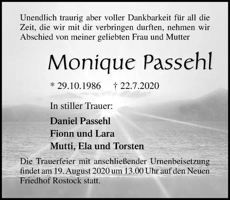  Traueranzeige für Monique Passehl vom 01.08.2020 aus Ostsee-Zeitung GmbH