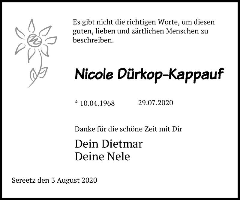 Traueranzeige für Nicole Dürkop-Kappauf vom 05.08.2020 aus Lübecker Nachrichten