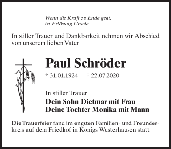 Traueranzeige von Paul Schröder von Märkischen Allgemeine Zeitung