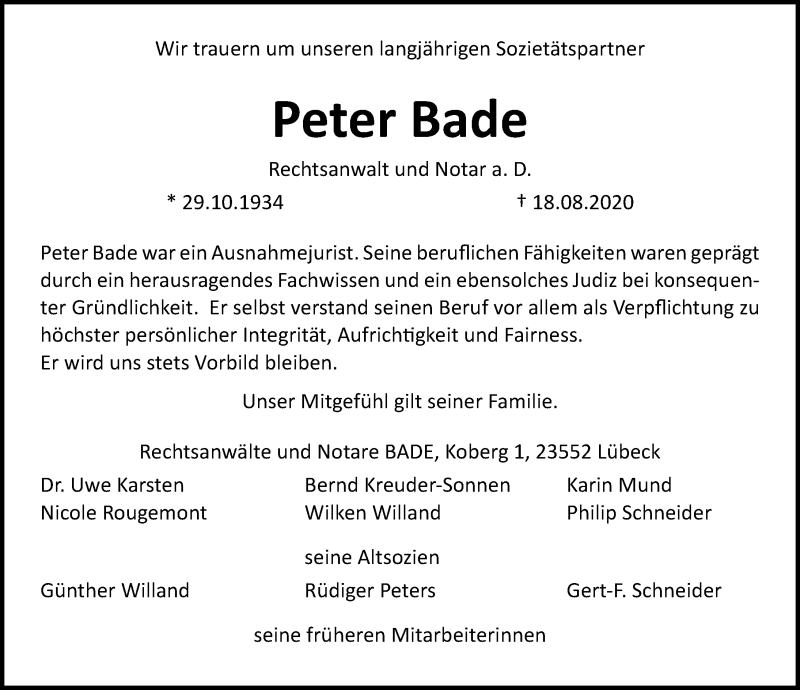  Traueranzeige für Peter Bade vom 23.08.2020 aus Lübecker Nachrichten