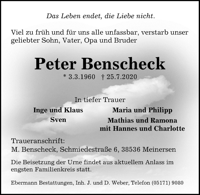 Traueranzeige für Peter Benscheck vom 01.08.2020 aus Peiner Allgemeine Zeitung