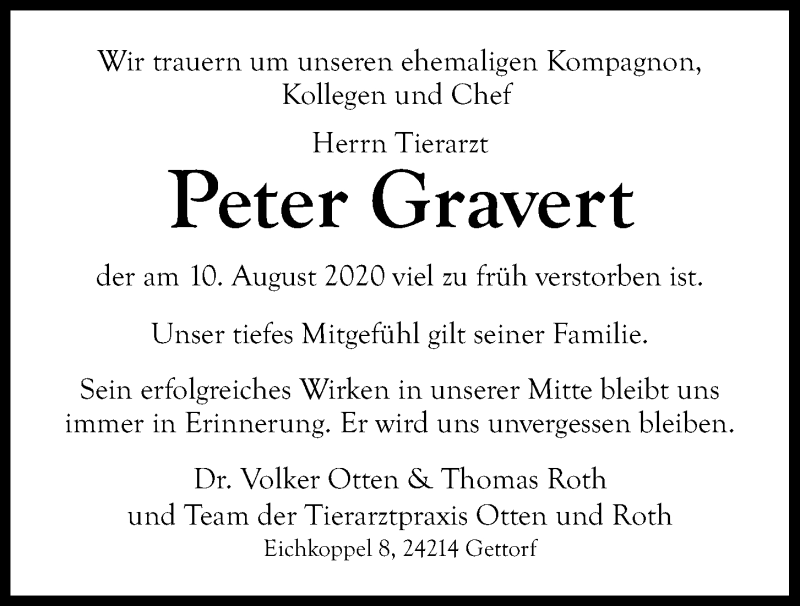  Traueranzeige für Peter Gravert vom 15.08.2020 aus Kieler Nachrichten