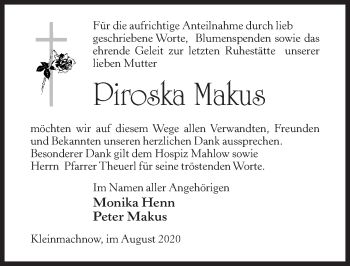 Traueranzeige von Piroska Makus von Märkischen Allgemeine Zeitung