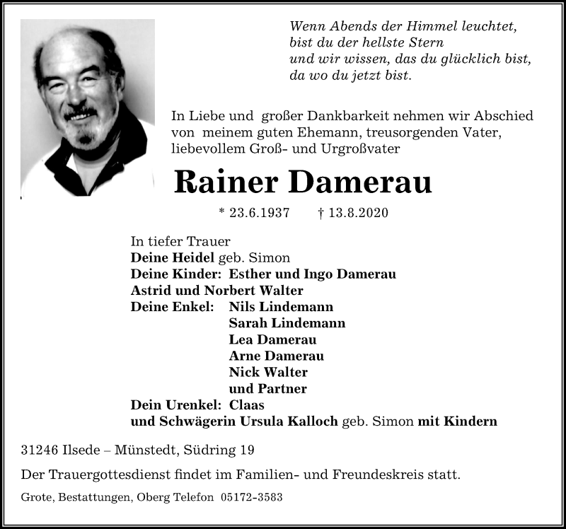  Traueranzeige für Rainer Damerau vom 15.08.2020 aus Peiner Allgemeine Zeitung