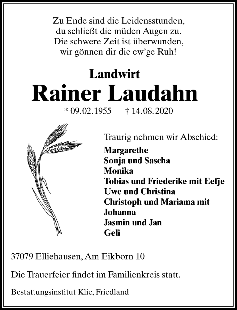  Traueranzeige für Rainer Laudahn vom 19.08.2020 aus Göttinger Tageblatt