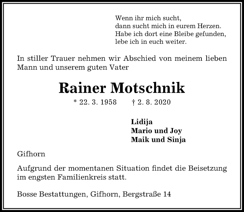  Traueranzeige für Rainer Motschnik vom 05.08.2020 aus Aller Zeitung