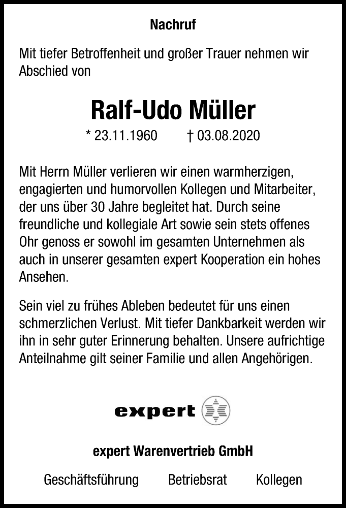  Traueranzeige für Ralf-Udo Müller vom 10.08.2020 aus Hannoversche Allgemeine Zeitung/Neue Presse