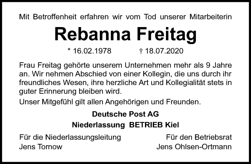  Traueranzeige für Rebanna Freitag vom 01.08.2020 aus Ostsee-Zeitung GmbH