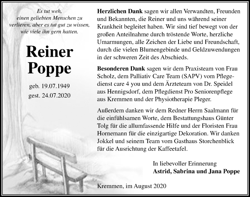  Traueranzeige für Reiner Poppe vom 29.08.2020 aus Märkischen Allgemeine Zeitung