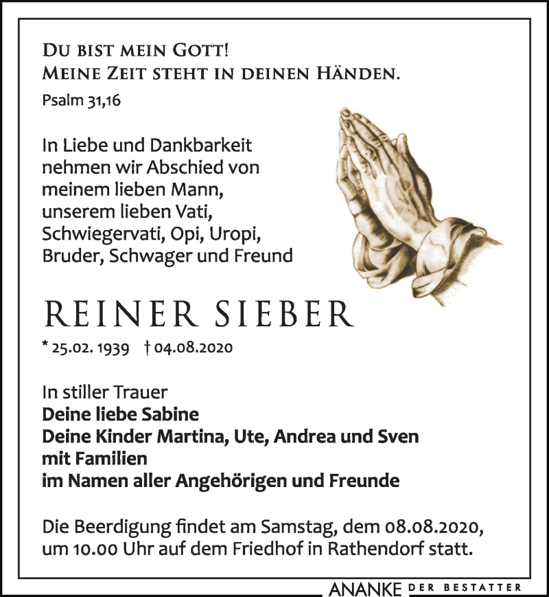  Traueranzeige für Reiner Sieber vom 06.08.2020 aus Leipziger Volkszeitung
