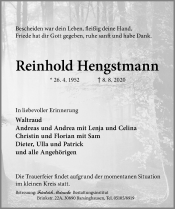Traueranzeige von Reinhold Hengstmann von Hannoversche Allgemeine Zeitung/Neue Presse