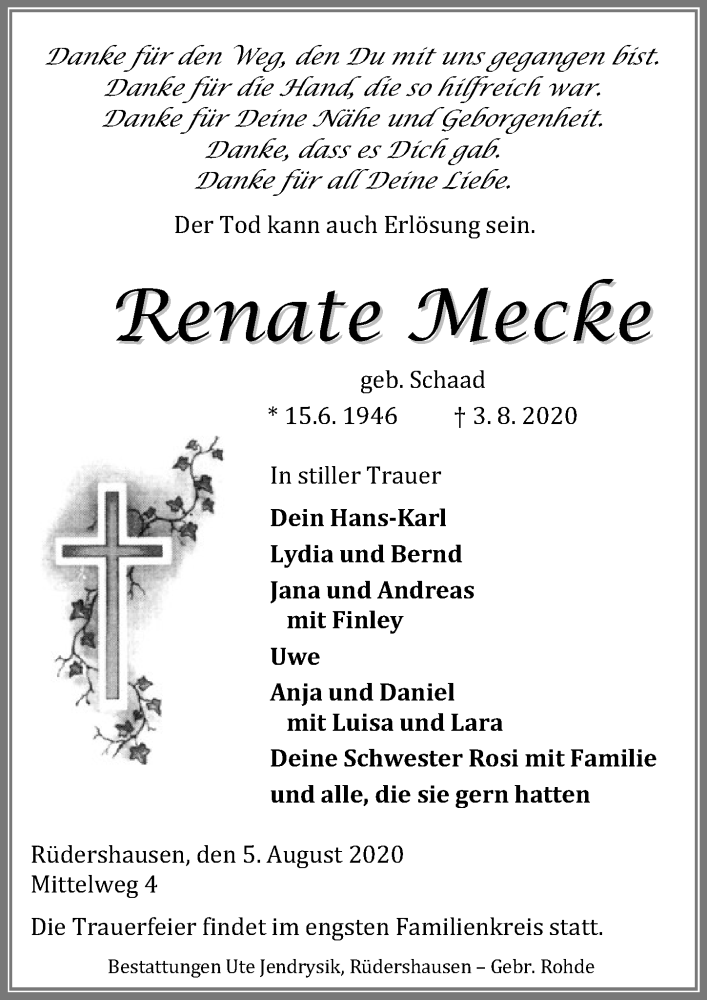  Traueranzeige für Renate Mecke vom 05.08.2020 aus Eichsfelder Tageblatt