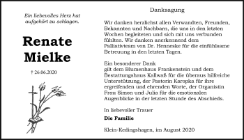 Traueranzeige von Renate Mielke von Ostsee-Zeitung GmbH