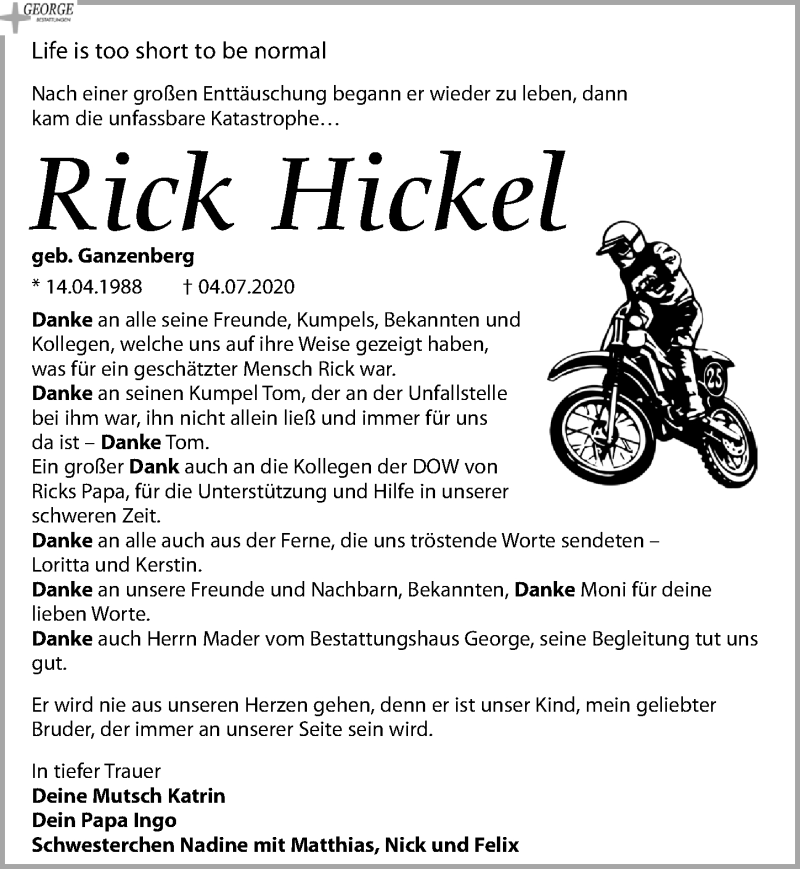  Traueranzeige für Rick Hickel vom 08.08.2020 aus Leipziger Volkszeitung