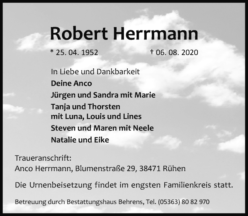 Traueranzeige für Robert Herrmann vom 10.08.2020 aus Aller Zeitung