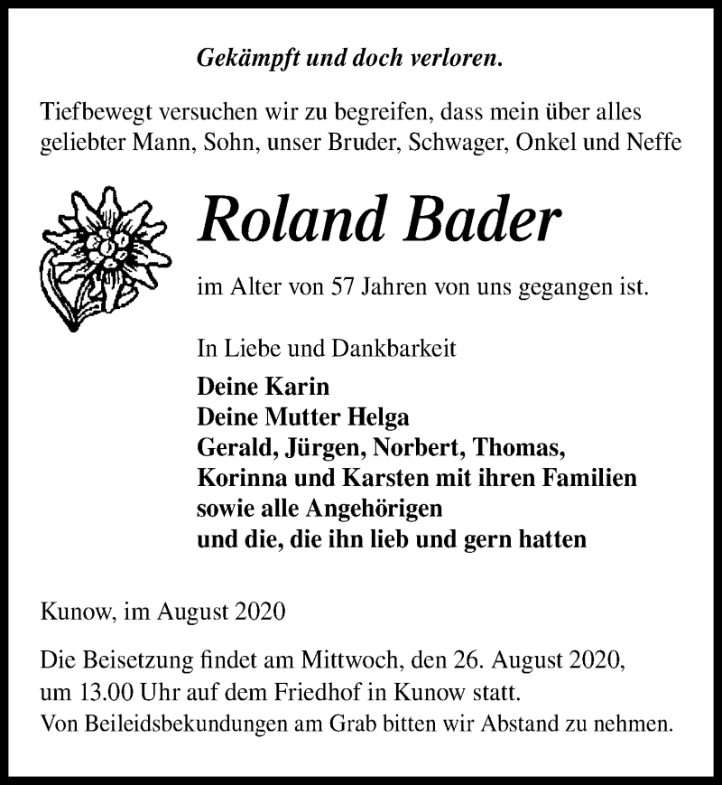  Traueranzeige für Roland Bader vom 22.08.2020 aus Märkischen Allgemeine Zeitung