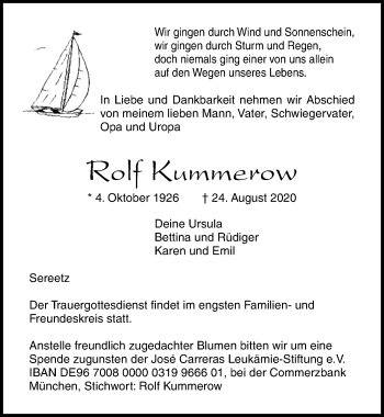 Traueranzeige von Rolf Kummerow von Lübecker Nachrichten