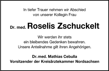 Traueranzeige von Roselis Zschuckelt von Leipziger Volkszeitung