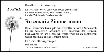 Traueranzeige von Rosemarie Zimmermann von Ostsee-Zeitung GmbH